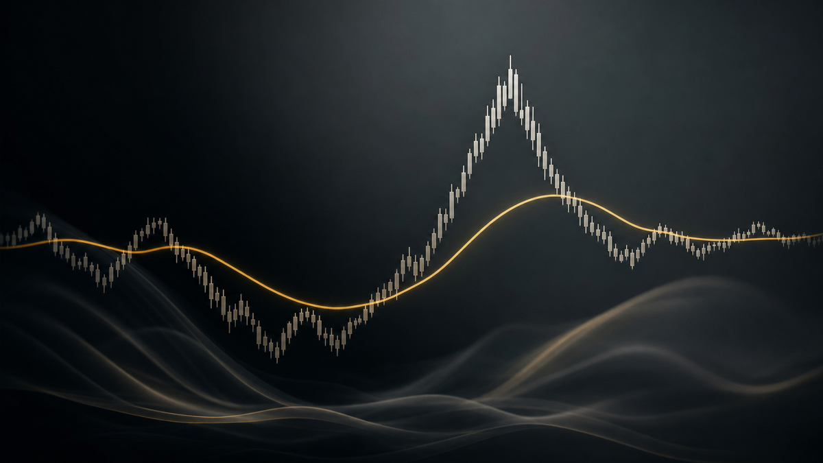 A candlestick price series dips below a smooth average line and later returns to it.