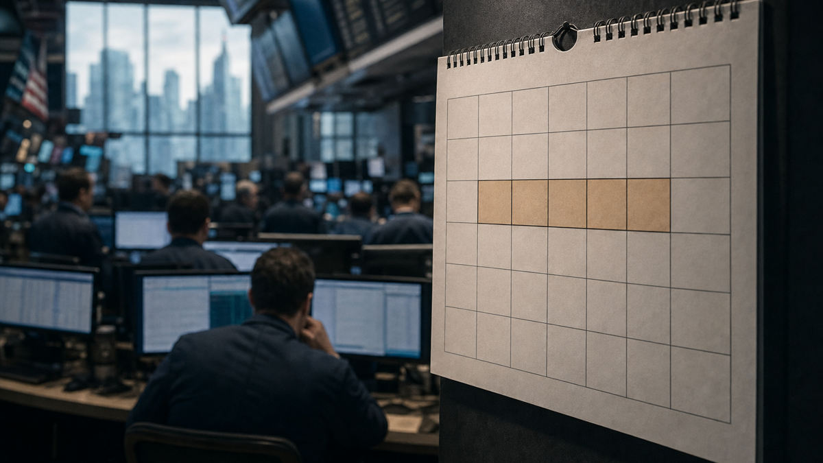 Busy trading floor scene with digital tickers; large wall screens show a late-September calendar week
