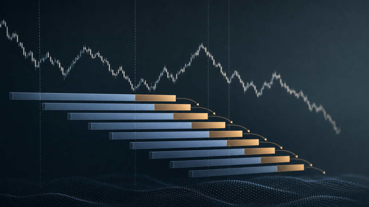 A timeline showing alternating training (fit) windows followed by out‑of‑sample test windows, rolling forward through historical price data.