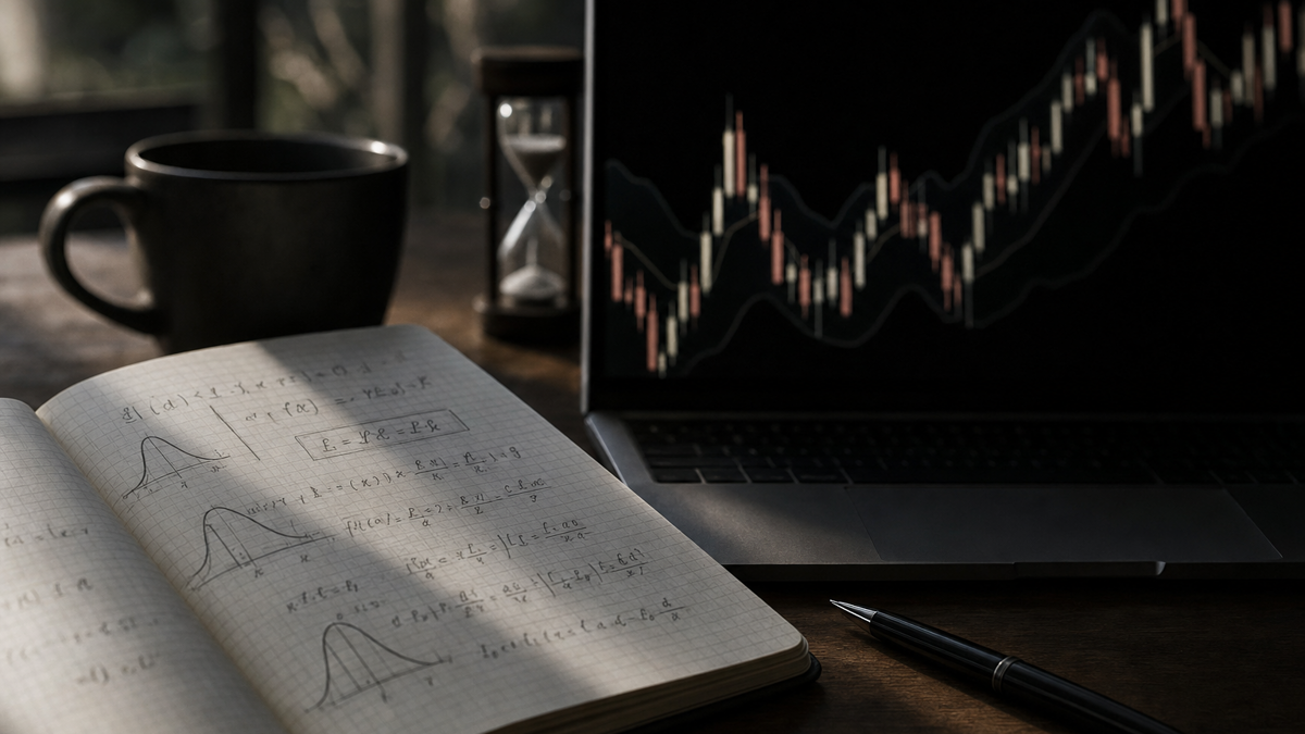 A trader’s open notebook with probability equations and a simple equity curve sketched beside a candlestick chart on a laptop screen.