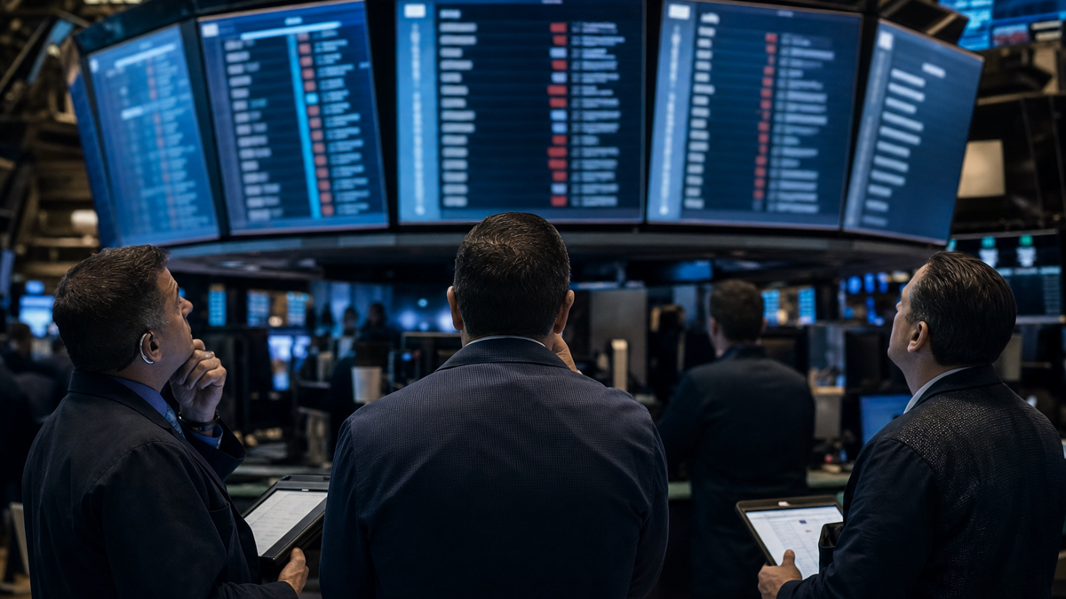 Traders on the NYSE floor glancing up at large news and economic calendar screens near the opening bell.