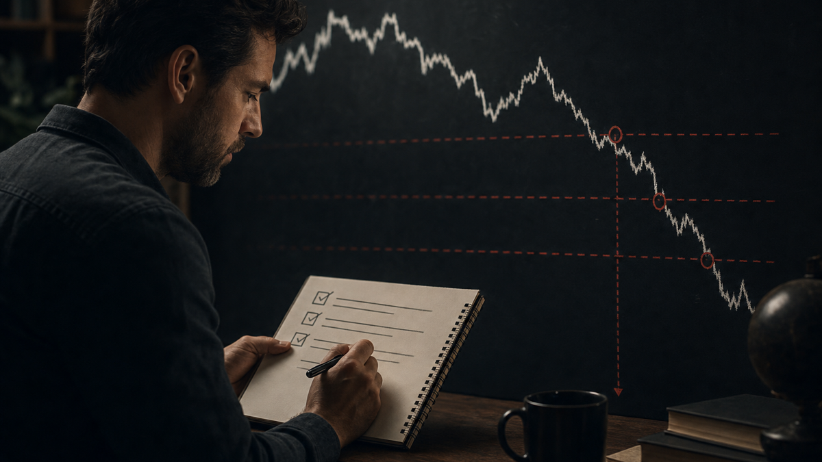 A notebook open to a risk plan beside a downward equity chart with tiered markers and checkboxes.