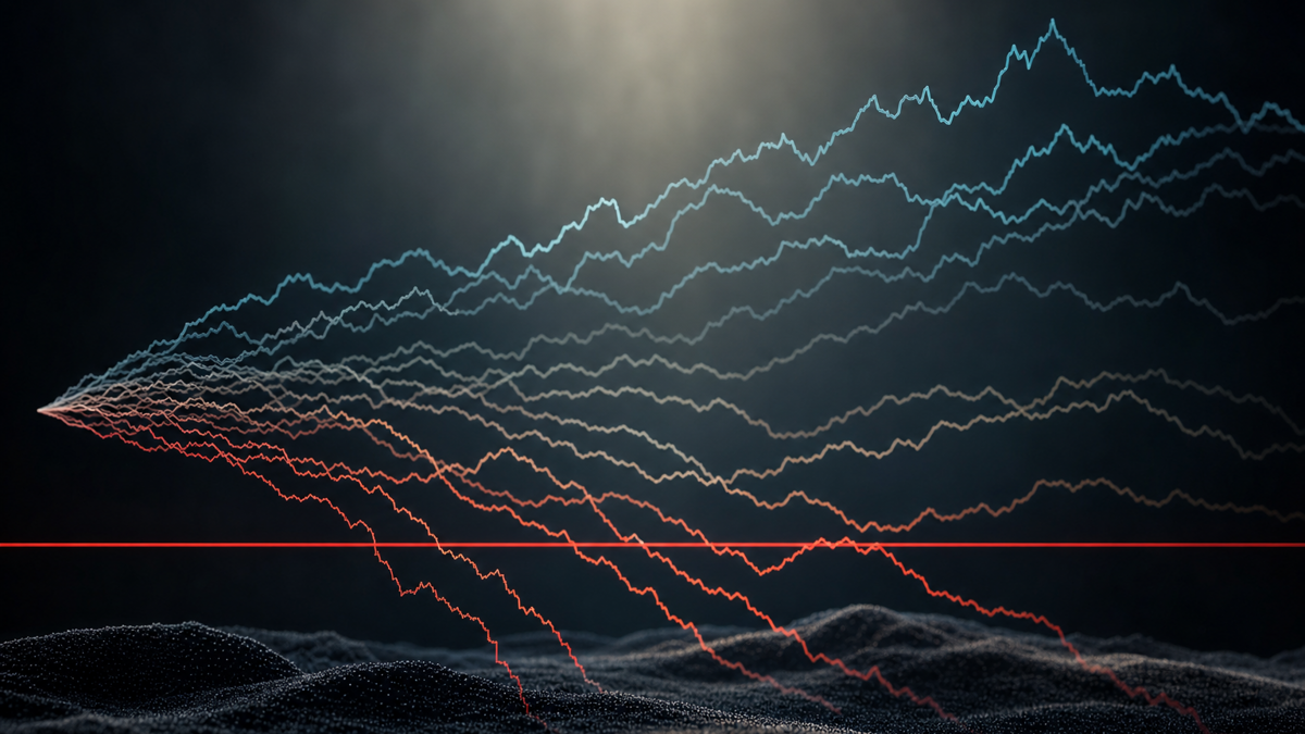A minimalist chart of multiple simulated equity paths drifting upward and downward, with a red horizontal line labeled ruin threshold where several paths touch.