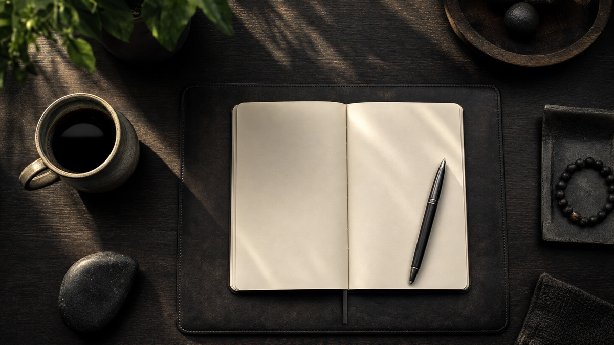 Overhead view of a calm trading desk with a journal, pen, and a coffee mug in soft morning light.