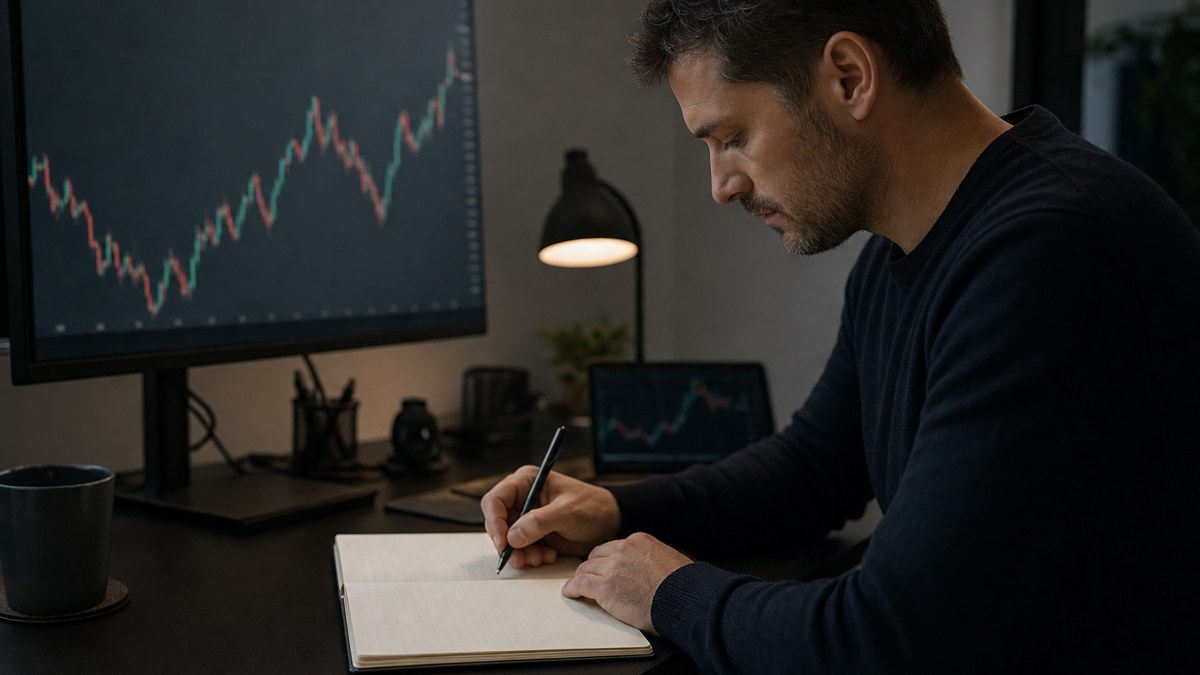 A trader logging a late entry in a decision journal while a market screen with charts is visible on a nearby monitor.