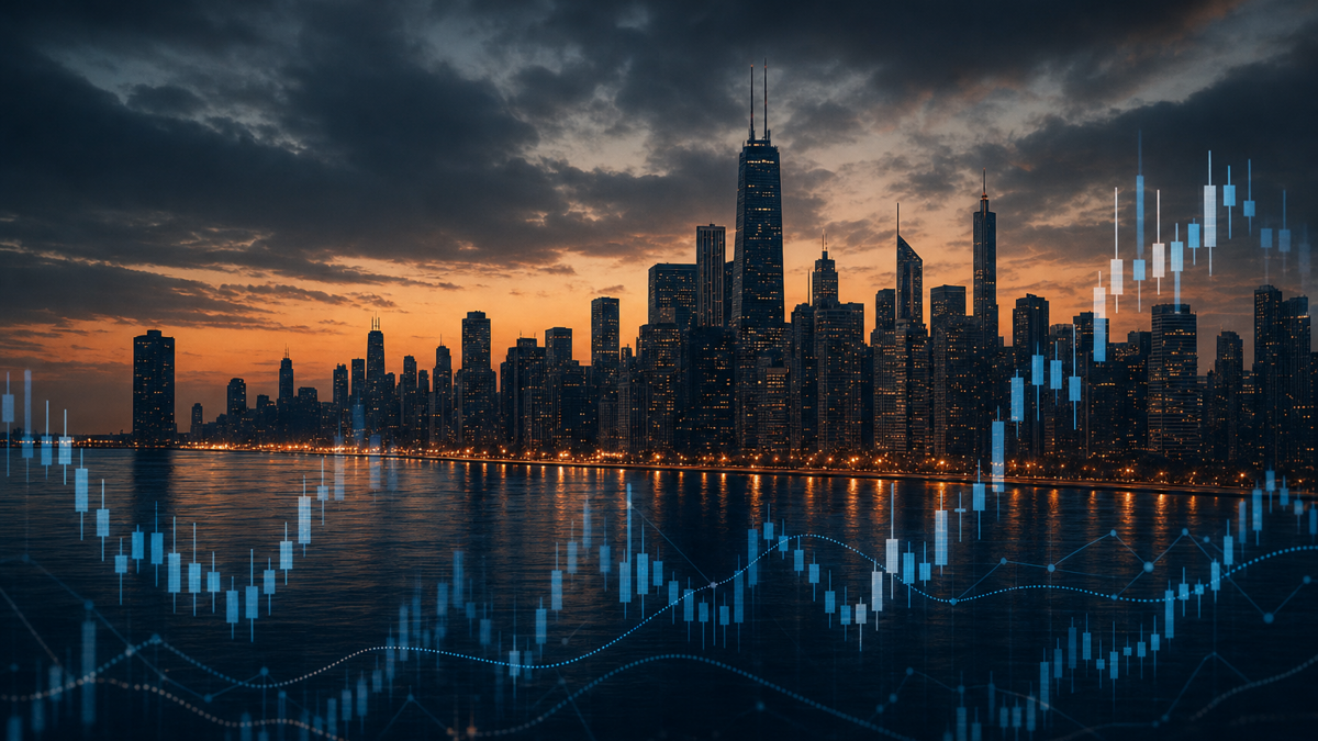 Editorial view of Chicago skyline with a transparent Nasdaq futures price chart overlay