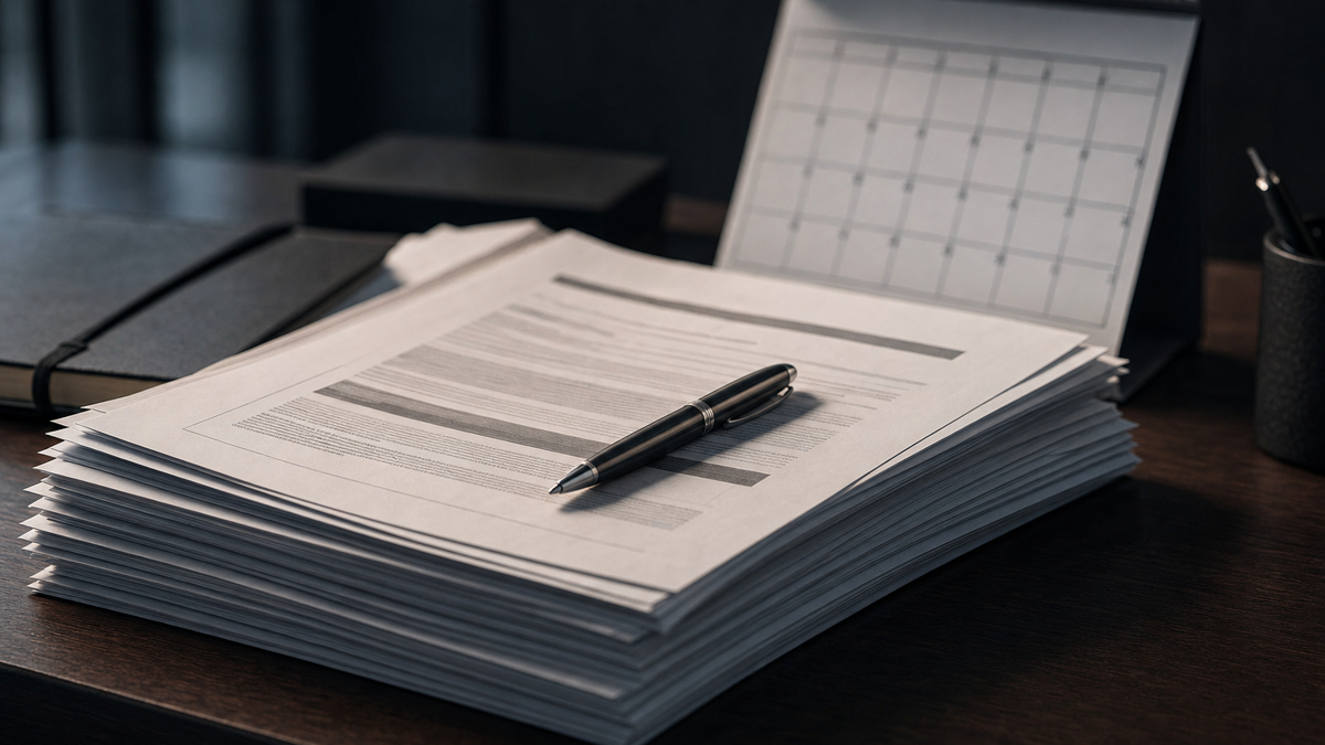 Printed quarterly earnings report beside a calendar with an earnings date circled