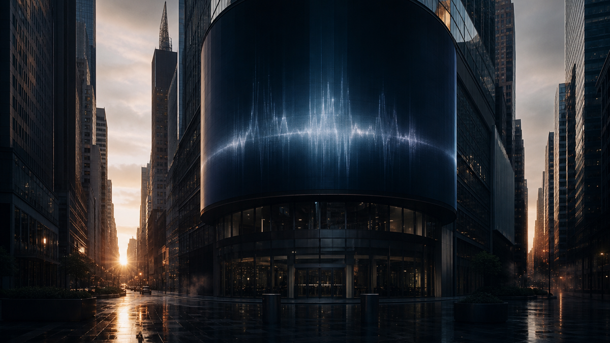 Exterior of Nasdaq MarketSite in Times Square with market screens before the opening bell