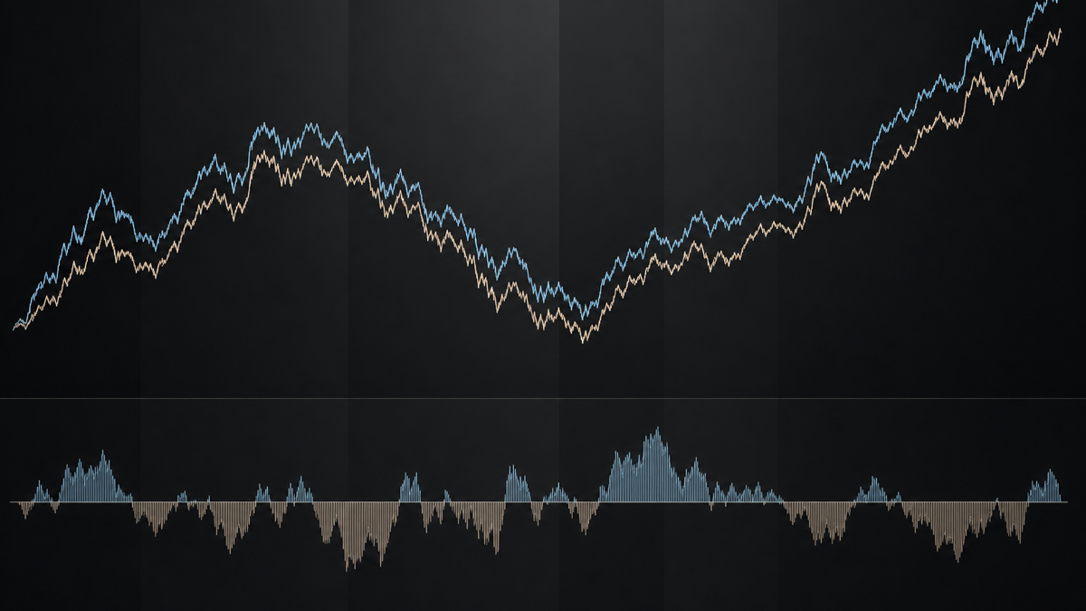 Two aligned stock-price lines over time with a second panel showing the calculated residual spread returning toward zero; illustrative only, no logos or brand names.