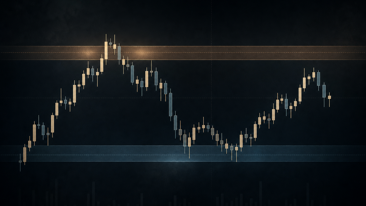 Candlestick chart segment with precomputed support and resistance zones shown as shaded bands