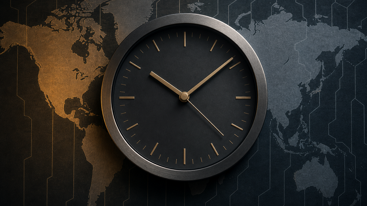Wall clock next to a world time zone map, illustrating conversion from Eastern Time to UTC to a platform’s local zone